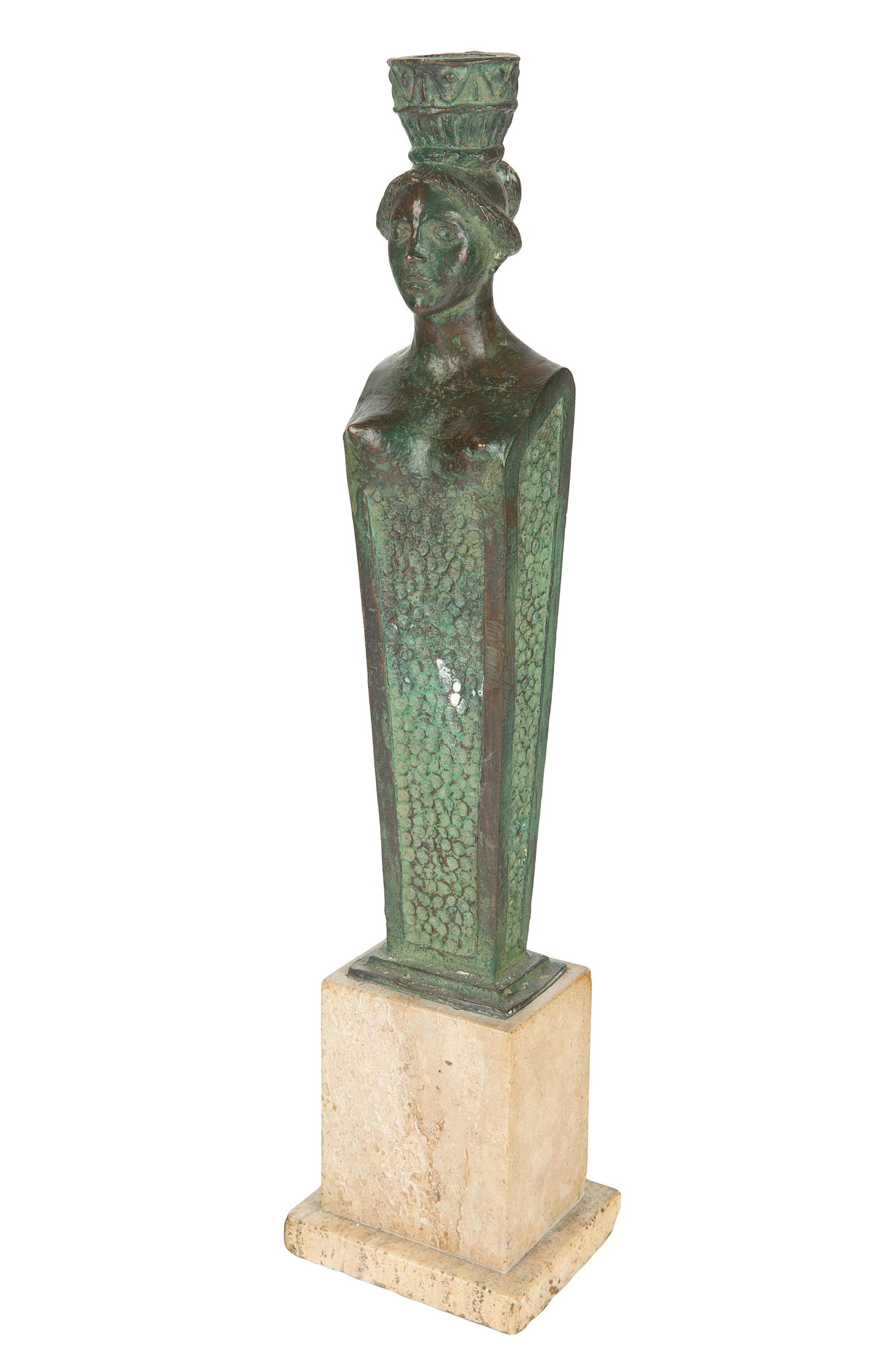 A BRONZE-MOUNTED TRAVERTINE LAMP BASE, LATE 19TH-EARLY: A BRONZE-MOUNTED TRAVERTINE LAMP BASE, LATE 19TH-EARLY 20TH CENTURY formed as the bust of a woman with a vase on her head, narrowing to a four-sided speckled column, with green patina, atop beige trav
