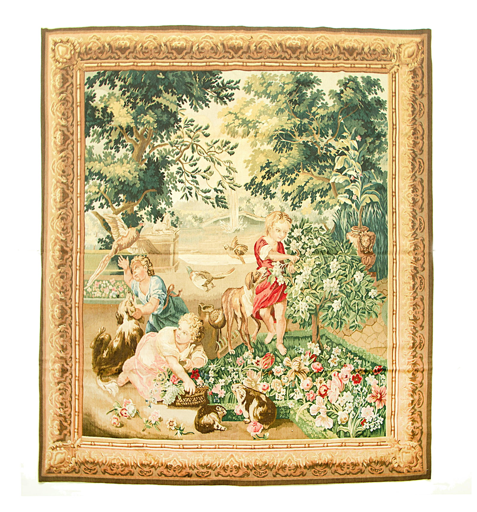 A MODERN CONTINENTAL 'CHILDREN IN THE GARDEN' TAPESTRY: A MODERN CONTINENTAL 'CHILDREN IN THE GARDEN' TAPESTRY rectangular, featuring a scene with children and animals in a garden: one picking flowers, the other with a sickle, one petting a dog and reachin