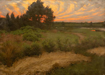 FRANK VINCENT DUMOND (AMERICAN 1865-1951): FRANK VINCENT DUMOND (AMERICAN 1865-1951) Sunset Over the Marshes, Long IS, oil on canvas 66 x 92 cm (26 x 36 1/4 in.) signed lower left; artist stamp on verso; titled on stretcher upper right CONDITI