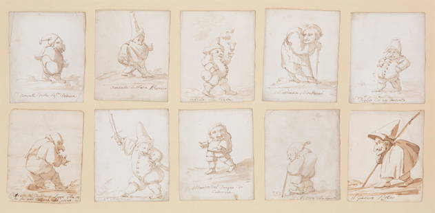 ATTRIBUTED TO PIER LEONE GHEZZI (ITALIAN 1674-1755): ATTRIBUTED TO PIER LEONE GHEZZI (ITALIAN 1674-1755) A Group of ten Caricatures (Each Titled), brown wash on paper 11 x 8.8 cm [card] (approx. card each approx. 4 x 3 1/2 in. [10]); [sight] 26 x 54 (10