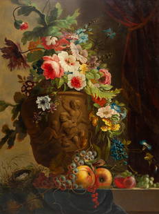 FOLLOWER OF GEORGIUS VAN OS (DUTCH 1762-1861): FOLLOWER OF GEORGIUS VAN OS (DUTCH 1762-1861) Still Life with Putti Urn, oil on slate 89 x 69 cm (35 x 27 in.) CONDITION Observed in frame, the painting is in overall very good age appropriate conditi