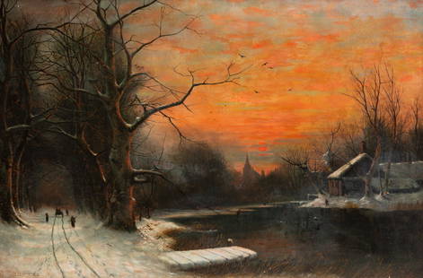 NILS HANS CHRISTIANSEN (DANISH 1850-1922): NILS HANS CHRISTIANSEN (DANISH 1850-1922) Winter Evening Village Landscape , oil on canvas 61 x 91 cm (24 x 35 7/8 in.) signed lower left CONDITION