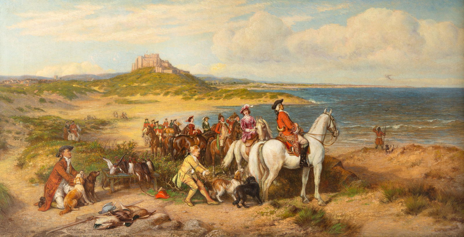 HENRY HETHERINGTON EMMERSON (BRITISH 1831-1895): HENRY HETHERINGTON EMMERSON (BRITISH 1831-1895) An Elegant Hunting Party Near Conway Castle, oil on canvas 47 x 91 cm (18 1/2 x 35 7/8 in.) CONDITION N.