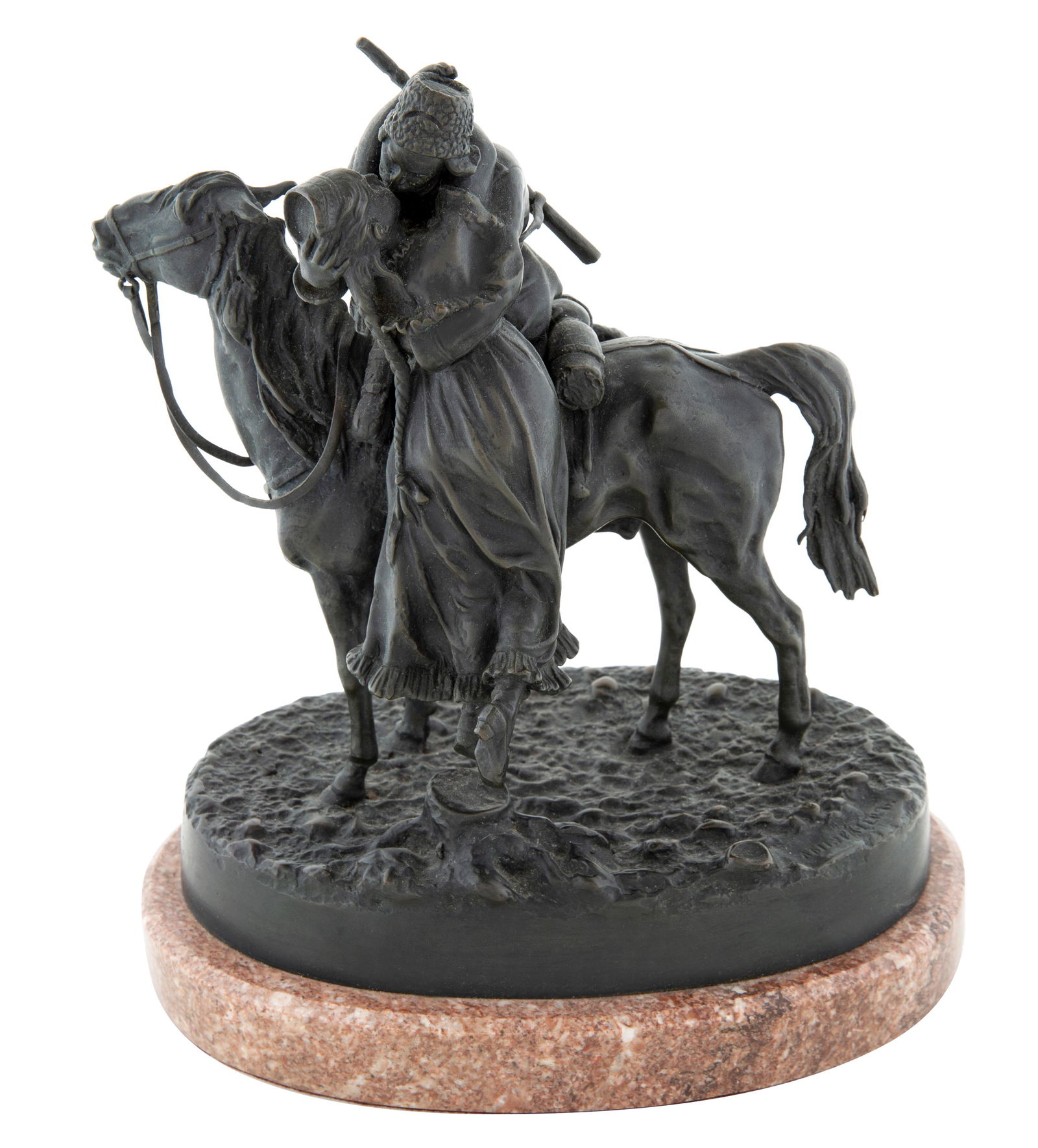 AFTER VASILY GRACHEV (RUSSIAN 1831-1905): AFTER VASILY GRACHEV (RUSSIAN 1831-1905) Cossack on Horseback Kissing his Sweetheart, cast late 19th century bronze with dark brown patina atop marble base height including base: 26 cm (10 1/4 in.) si