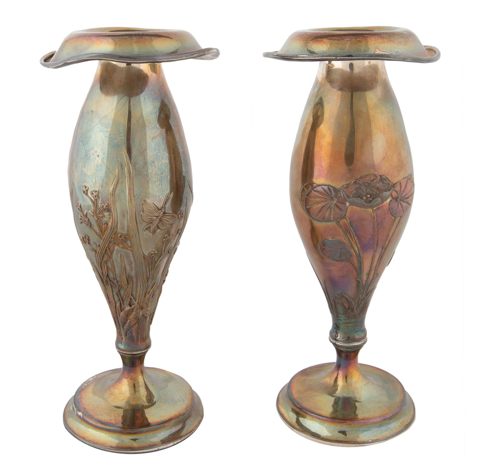 PAIR OF FLORAL SILVER CANDLEHOLDERS, GORHAM,: PAIR OF FLORAL SILVER CANDLEHOLDERS, GORHAM, PROVIDENCE, RHODE ISLAND, 1879 pair of silver candleholders of amphora shape. each featuring a floral motif, one featuring a continuous motif of lily pad f