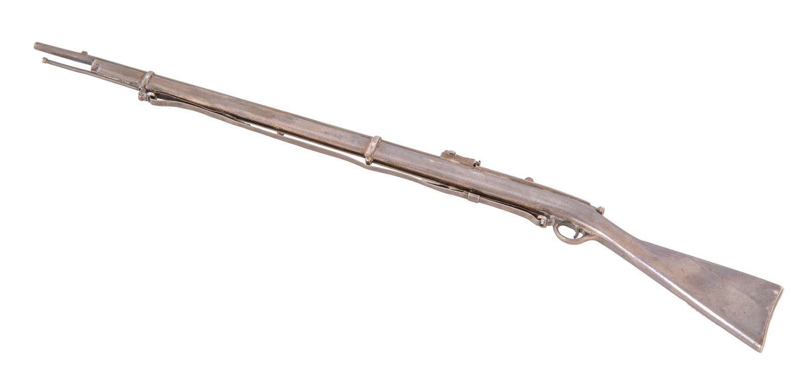 A RUSSIAN SILVER MODEL OF A RIFLE, GRACHEV, ST.: A RUSSIAN SILVER MODEL OF A RIFLE, GRACHEV, ST. PETERSBURG, CIRCA 1890 formed as a Berdan rifle, marked with 84 standard and town mark, maker's mark GRACHEV in Cyrillic with Imperial warrant; length: