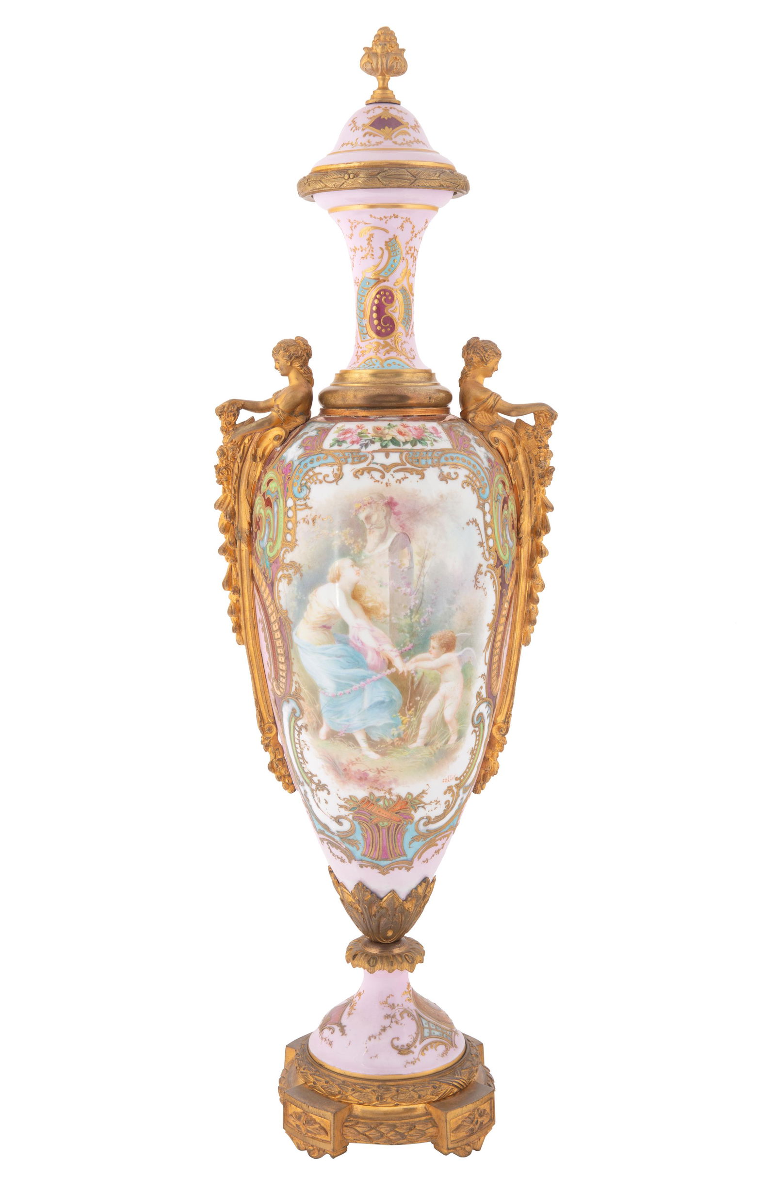 AN ORMOLU-MOUNTED TWO-HANDLED SEVRES STYLE VASE, (1 of 3)