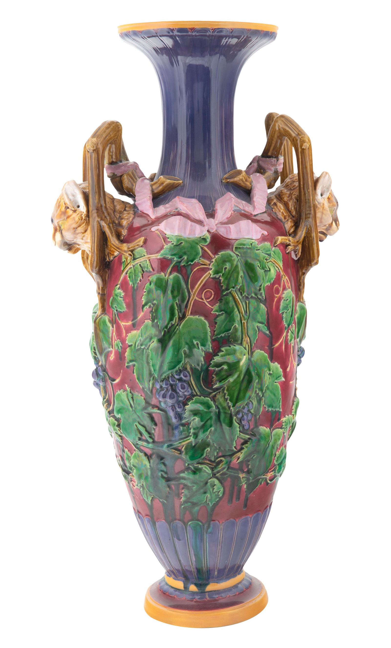 A LARGE 'CATS' HEAD' MAJOLICA VASE, MINTONS, (1 of 3)