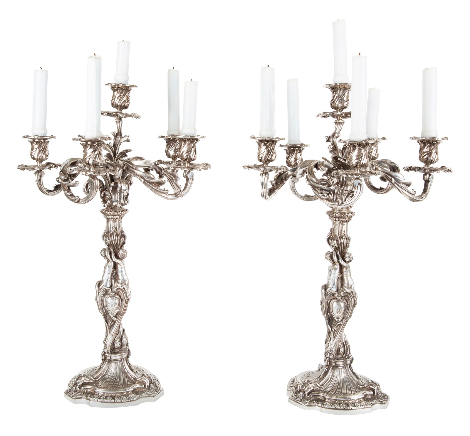 PAIR OF REGENCE-REVIVAL FIVE-ARMED SILVER-PATINATED (1 of 1)