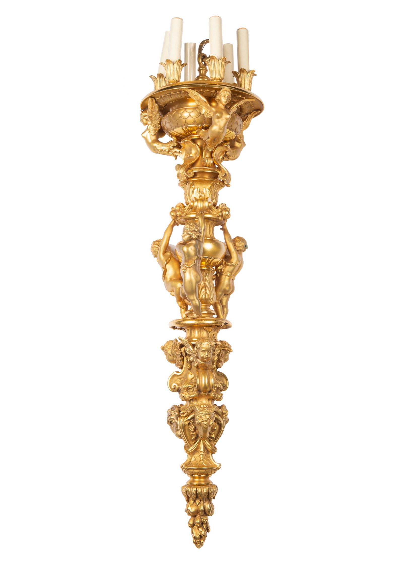 A FRENCH ORMOLU TORCH SUSPENSION, LATE 19TH CENTURY: A FRENCH ORMOLU TORCH SUSPENSION, LATE 19TH CENTURY six-light, the top supported by four sirens, the tier below by four pitti, then three winged putti heads, lastly, three goat heads adorned with foli