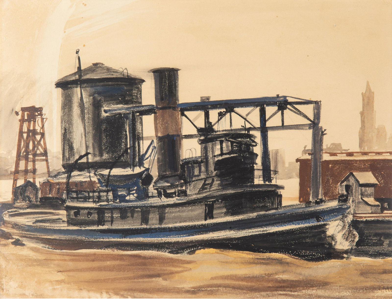 REGINALD MARSH (AMERICAN 1898-1954): REGINALD MARSH (AMERICAN 1898-1954) Tugboat on East River, with view of the Woolworth Building watercolor on paper 32 x 43 cm (12 5/8 in x 16 7/8 in.) [sight] PROVENANCE Extensive Reginald Marsh co