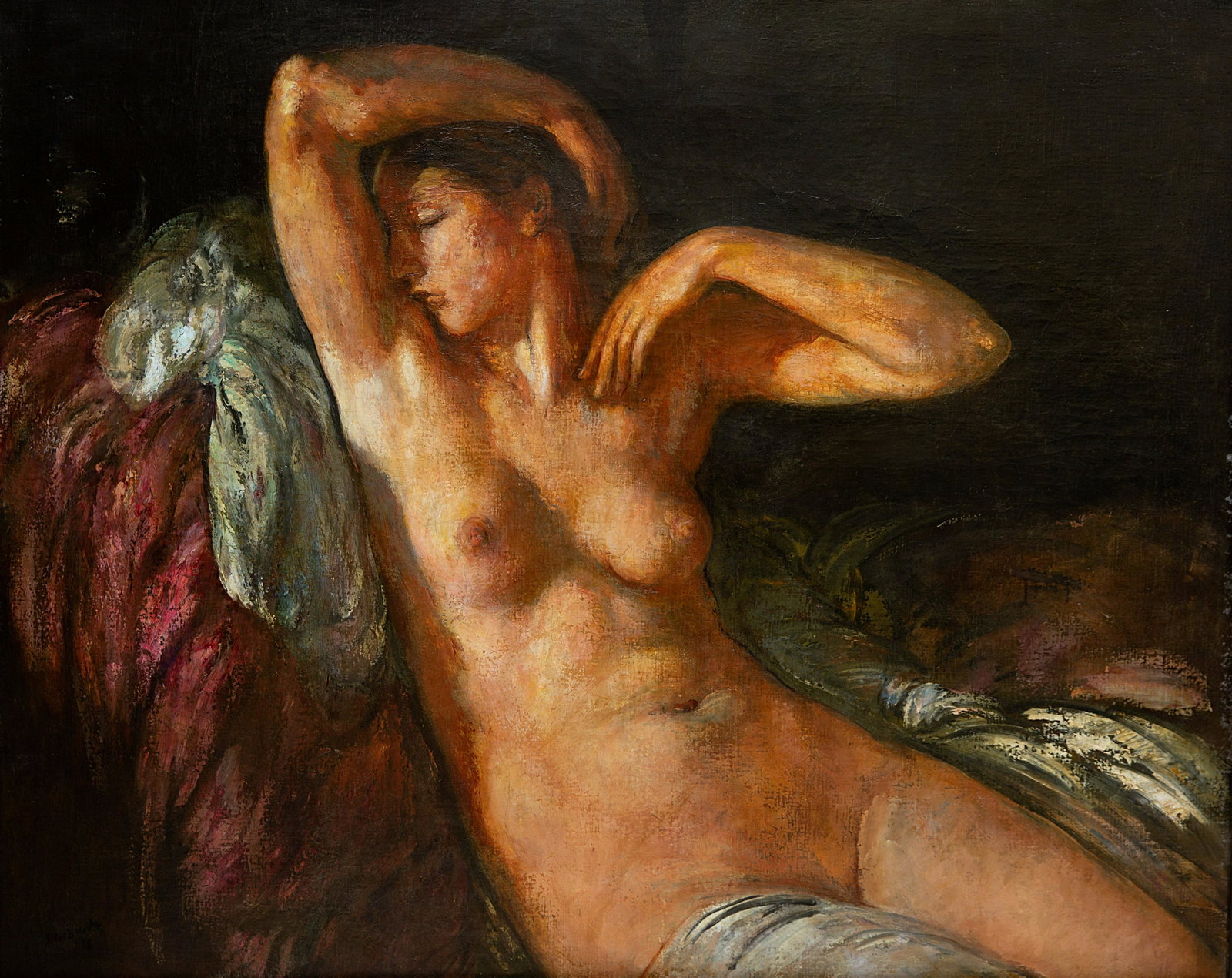 MICHEL SIMONIDY (ROMANIAN 1870-1933): MICHEL SIMONIDY (ROMANIAN 1870-1933) Nude Awakening from Slumber, 1928 oil on canvas 81 x 101 cm (31 7/8 x 39 3/4 in.) signed and dated lower left CONDITION Observed in frame, the work appears in