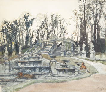 ALEXANDRE BENOIS (RUSSIAN 1870-1960): ALEXANDRE BENOIS (RUSSIAN 1870-1960) La Grande Cascade, Parc de St. Cloud, 1933 watercolor on paper full sheet: 28 x 32 cm (11 x 12 5/8 in.) signed and dated lower right CONDITION Unframed, the w