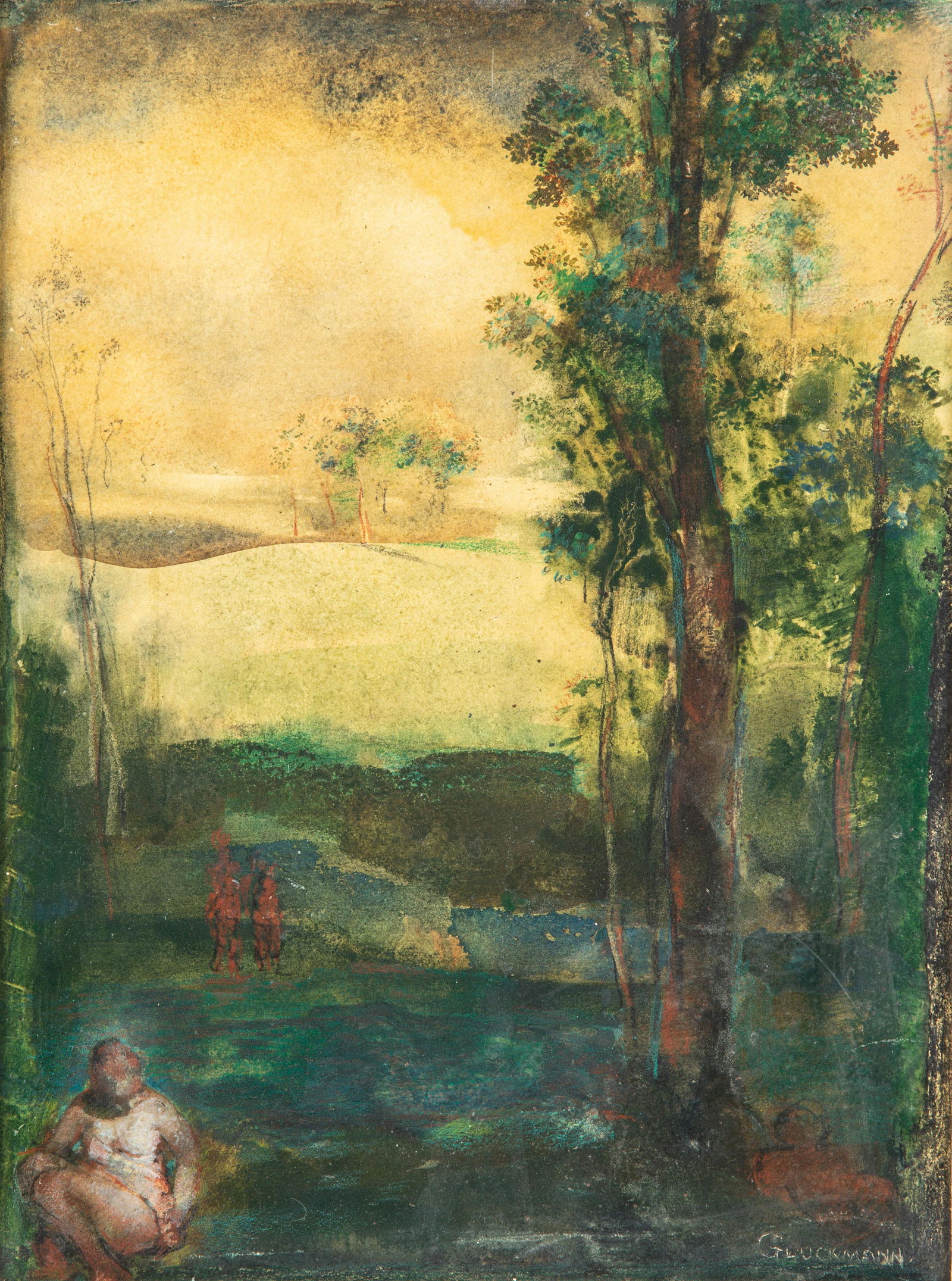 GRIGORY GLUCKMANN (RUSSIAN 1898-1973): GRIGORY GLUCKMANN (RUSSIAN 1898-1973) Paysage d'ete oil on canvas on board 45.7 x 35.5 cm (18 x14 in.) signed lower right PROVENANCE Dalzell Hatfield Galleries, Los Angeles (label on verso) Privat