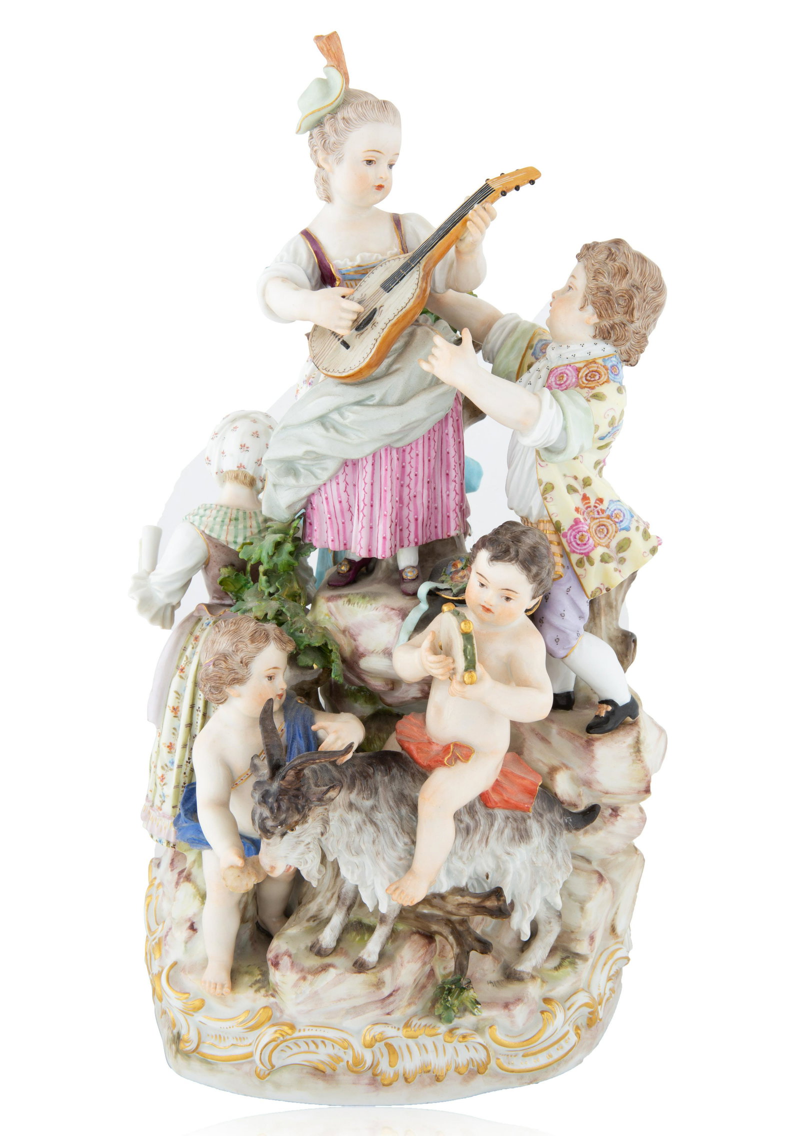 A GERMAN MEISSEN PORCELAIN FIGURAL GROUP: A GERMAN MEISSEN PORCELAIN FIGURAL GROUP EMBLEMATIC OF MUSIC, MEISSEN, DRESDEN, LATE 19TH-EARLY 20TH CENTURY modelled in the round, topped by a pair of children, she playing the mandolin, with two put