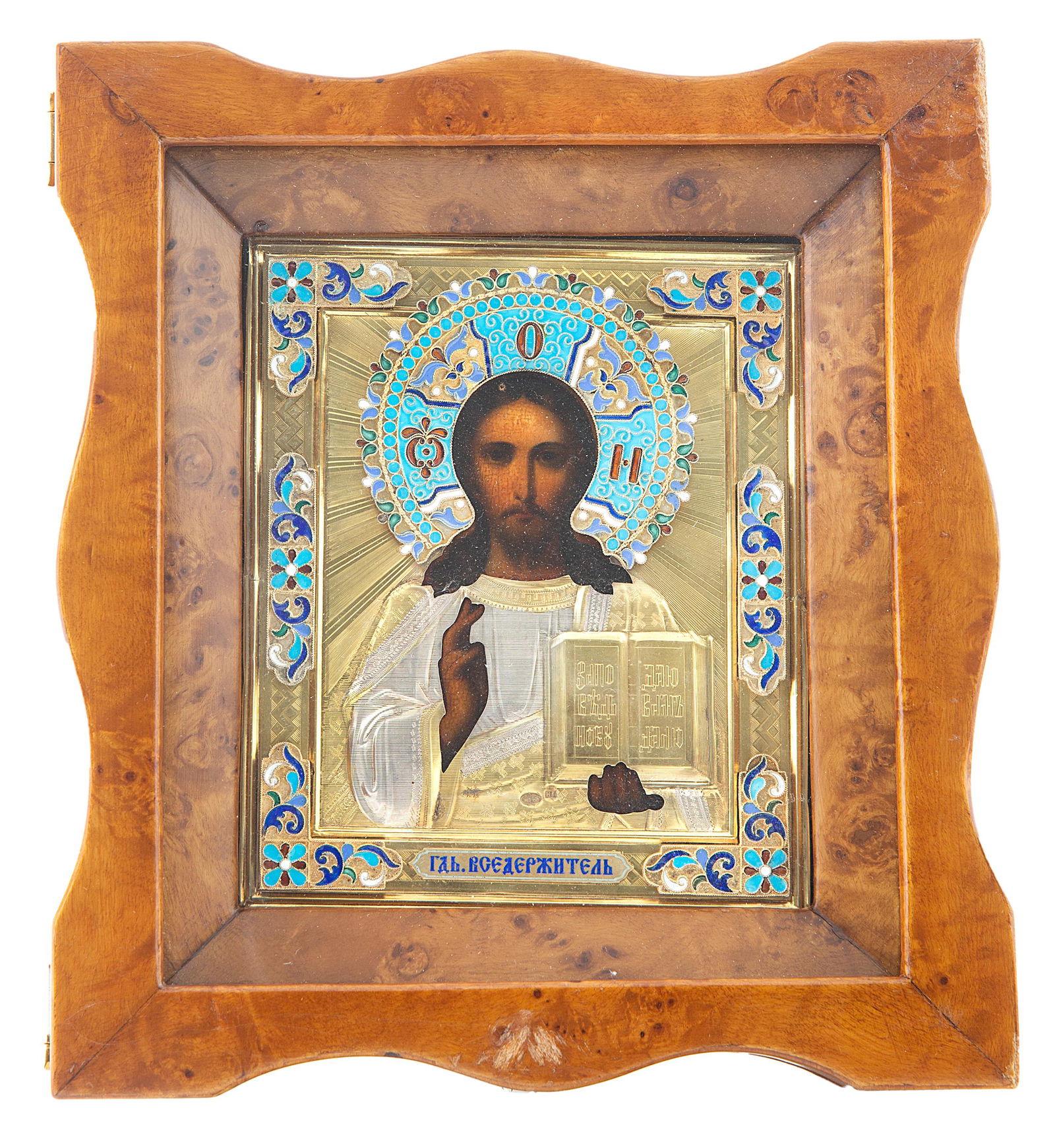 A RUSSIAN ICON OF CHRIST PANTOCRATOR, NIKOLAY GRACHEV: A RUSSIAN ICON OF CHRIST PANTOCRATOR WITH SILVER GILT AND ENAMEL OKLAD, WORKMASTER NIKOLAY GRACHEV, MOSCOW, 1908-1917 egg tempera, gesso on wood panel, overlaid with silver gilt and enamel oklad, appl