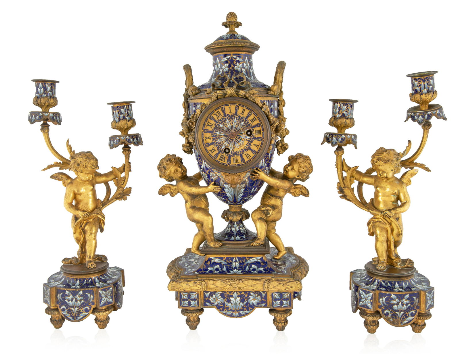 A FRENCH ORMOLU & CHAMPLEVE THREE-PIECE GARNITURE (1 of 4)