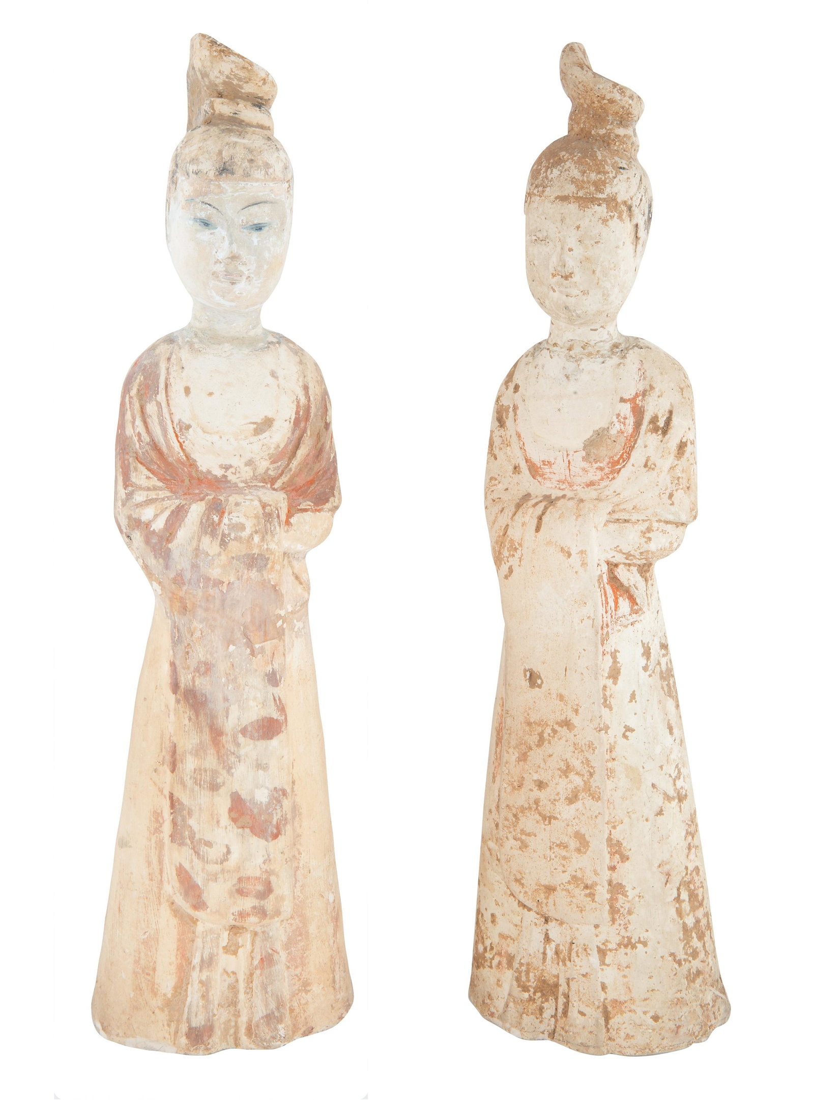 A PAIR OF CHINESE FEMALE ATTENDANTS, TANG DYNASTY: A PAIR OF CHINESE FEMALE ATTENDANTS, TANG DYNASTY (618-907) both figures standing upright created from earthenware with painted decoration, each traditionally dressed with tight buns, with their arms 