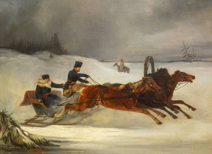 NIKOLAI SVERCHKOV (RUSSIAN 1817-1898): NIKOLAI SVERCHKOV (RUSSIAN 1817-1898) Troika in Winter Landscape , 1849 oil on canvas 66 x 90 cm (26 x 35 3/8 in.) signed and dated lower left PROVENANCE Private Collection, New Jersey, since