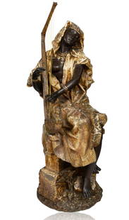 AFTER GASTON VEUVENOT LEROUX (FRENCH 1854-1942): AFTER GASTON VEUVENOT LEROUX (FRENCH 1854-1942) Musicienne, circa 1890 cold-painted spelter overall height: 97 cm (38 1/4 in.) stamped with 'B in a vase' and stamped Geschutzt CONDITION The