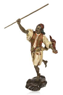 FRANZ BERGMAN (AUSTRIAN 1861-1936): FRANZ BERGMAN (AUSTRIAN 1861-1936) Running Moorish Soldier, circa 1900 cold-painted bronze overall height: 26 cm (10 1/4 in.) the body and base signed with 'B in a vase' and stamped Geschutzt 2897 