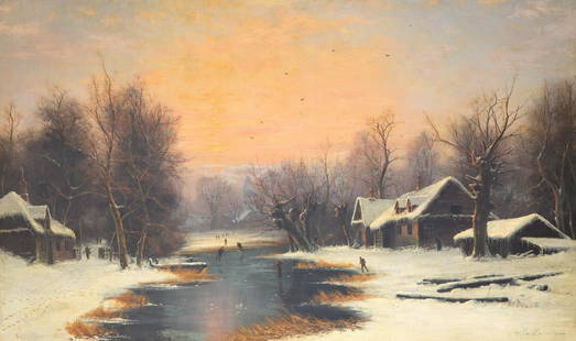 NILS HANS CHRISTIANSEN (DANISH 1850-1922): NILS HANS CHRISTIANSEN (DANISH 1850-1922) Sunset on a Frozen Lake, oil on canvas 64 x 134 cm (25 1/4 x 52 3/4 in.) signed lower right CONDITION Observed in frame, the painting appears in good conditi