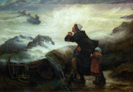 RENE HENRI RAVAUT (FRENCH 1877-1913): RENE HENRI RAVAUT (FRENCH 1877-1913) Praying for her Fisherman , oil on canvas 128 x 175 cm (50 3/8 x 68 7/8 in.) signed lower right CONDITION Observed in frame, the painting is in