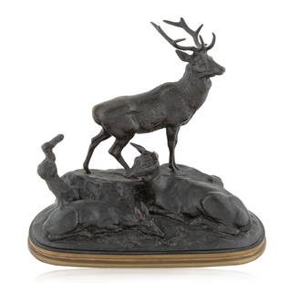 AFTER ANTOINE-LOUIS BARYE (FRENCH 1795-1875): AFTER ANTOINE-LOUIS BARYE (FRENCH 1795-1875) Cerf, biche et faon ou Famille de cerf (Stag, doe and fawn or Stag family), early 19th century bronze with dark brown patina 22 x 23 cm (8 5/8 x 9 in.)