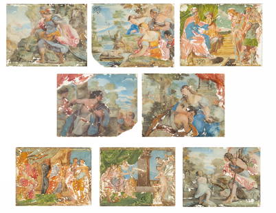 A GROUP OF EIGHT REVERSE GLASS PAINTINGS, NEAPOLITAN: A GROUP OF EIGHT REVERSE GLASS PAINTINGS, NEAPOLITAN SCHOOL 17TH CENTURY comprising of eight painted panels with Old Testament scenes, including Scene from the testament of Solomon, monogramed IOR