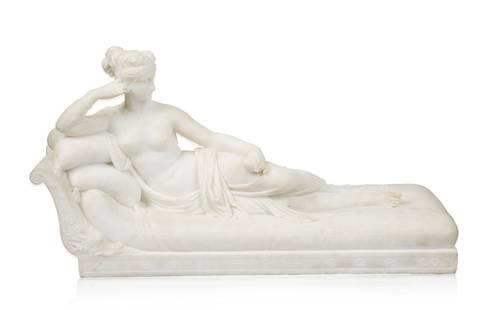 AFTER ANTONIO CANOVA (ITALIAN 1757-1822): AFTER ANTONIO CANOVA (ITALIAN 1757-1822) Pauline Borghese (Bonaparte) as Venus Victrix, circa 1850 alabaster dimensions: 31 (h) x 19 (w) x 60 (l) cm (12 1/4 x 7 1/2 x 23 5/8 in.) CONDITION The sculptu