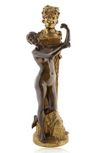 DOMINIQUE VAN DEN BOSSCHE (BELGIAN 1854-1906): DOMINIQUE VAN DEN BOSSCHE (BELGIAN 1854-1906) Beauty and Pan, circa 1880 bronze with gilt and light brown patina height including base: 70 cm (27 1/2 in.) signed on base CONDITION The sculpture appear