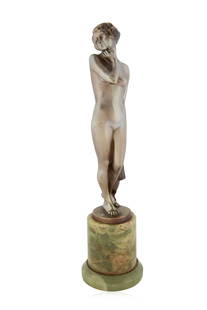 JOSEF LORENZL (AUSTRIAN 1892-1950): JOSEF LORENZL (AUSTRIAN 1892-1950) Petra, circa 1930 bronze with silver patina height including base: 35 cm (13 3/4 in.) signed on back of base CONDITION The sculpture appears in good