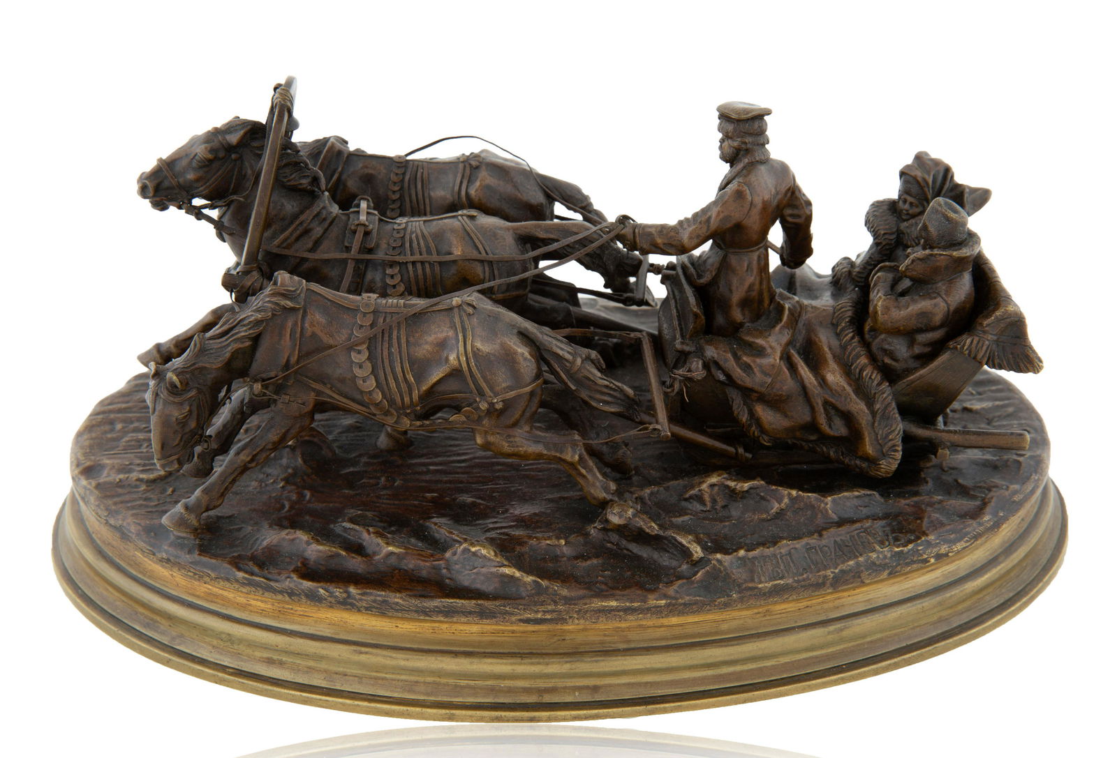 VASILY GRACHEV (RUSSIAN 1831-1905): VASILY GRACHEV (RUSSIAN 1831-1905) Winter Troika, 1880 bronze with light brown patina dimensions: 13 x 24 cm (5 1/8 x 9 1/2 in.) signed along base CONDITION The sculpture appears in very good conditio