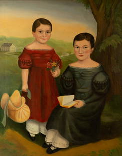 AMERICAN FOLK SCHOOL: AMERICAN FOLK SCHOOL Young Girls in Red and Blue Dresses, oil on canvas 118 x 95 cm (46 1/2 x 37 1/4 in.) CONDITION Observed in frame, the work is in stable condition. Overall craquelure.