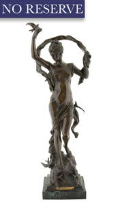 ADRIEN ETIENNE GAUDEZ (FRENCH 1845-1902): ADRIEN ETIENNE GAUDEZ (FRENCH 1845-1902) Retour des hirondelles, circa 1900 bronze and brown patina overall height: 65 cm (25 5/8 in.); dimensions of base: 16.51 x 13.97 cm (6 1/2 x 5 1/2 in.)