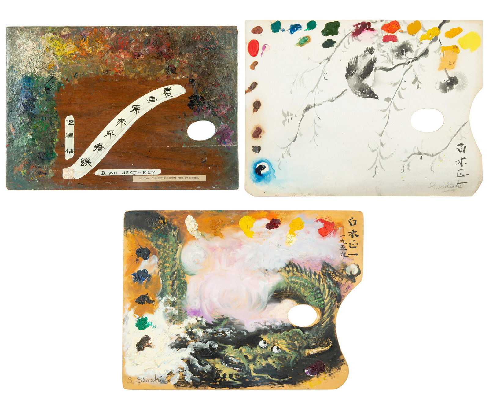 [WU JECT-KEY, SHOICHI SHIRAKI] A GROUP OF THREE PAINTED: [WU JECT-KEY, SHOICHI SHIRAKI] A GROUP OF THREE PAINTED ARTIST PALETTES, 20TH CENTURY comprising: a) DAVID WU JECT-KEY (CHINESE-AMERICAN 1890-1968), To Cook My Painting's Won't Curb My Hunger, 24 x 34