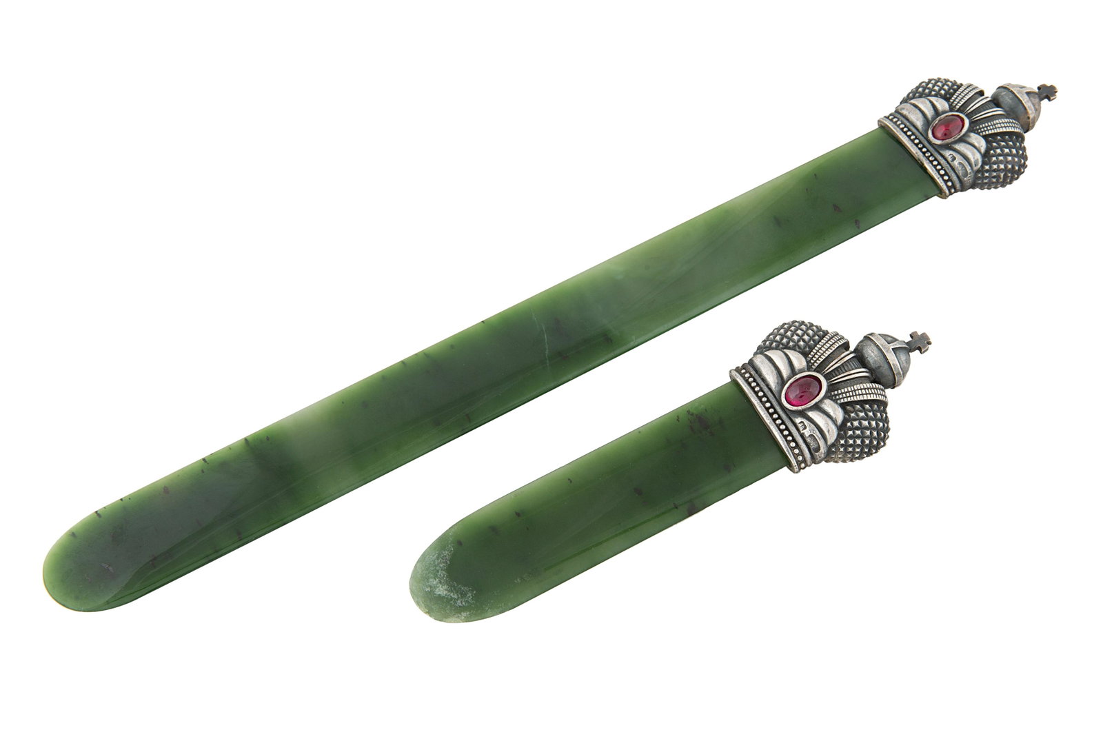 PAIR OF RUSSIAN SILVER-MOUNTED JADE AND HARDSTONE: PAIR OF RUSSIAN SILVER-MOUNTED JADE AND HARDSTONE LETTER OPENERS, ST. PETERSBURG, 1898-1903 oblong, each topped with crown, each marked with 88 standard and assayer's mark Ya.L for Yakov Lyapunov, wor