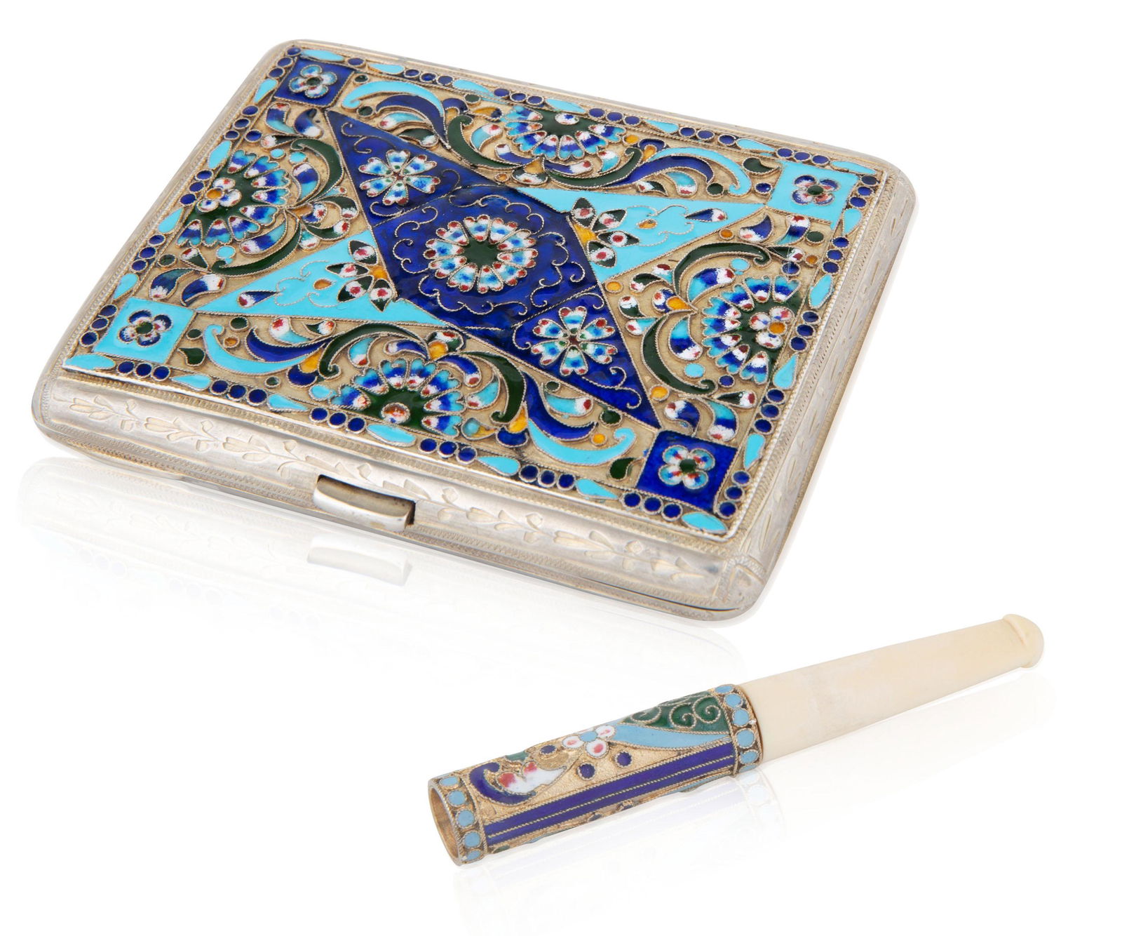 A RUSSIAN SILVER AND CLOISONNE ENAMEL CIGARETTE CASE (1 of 4)