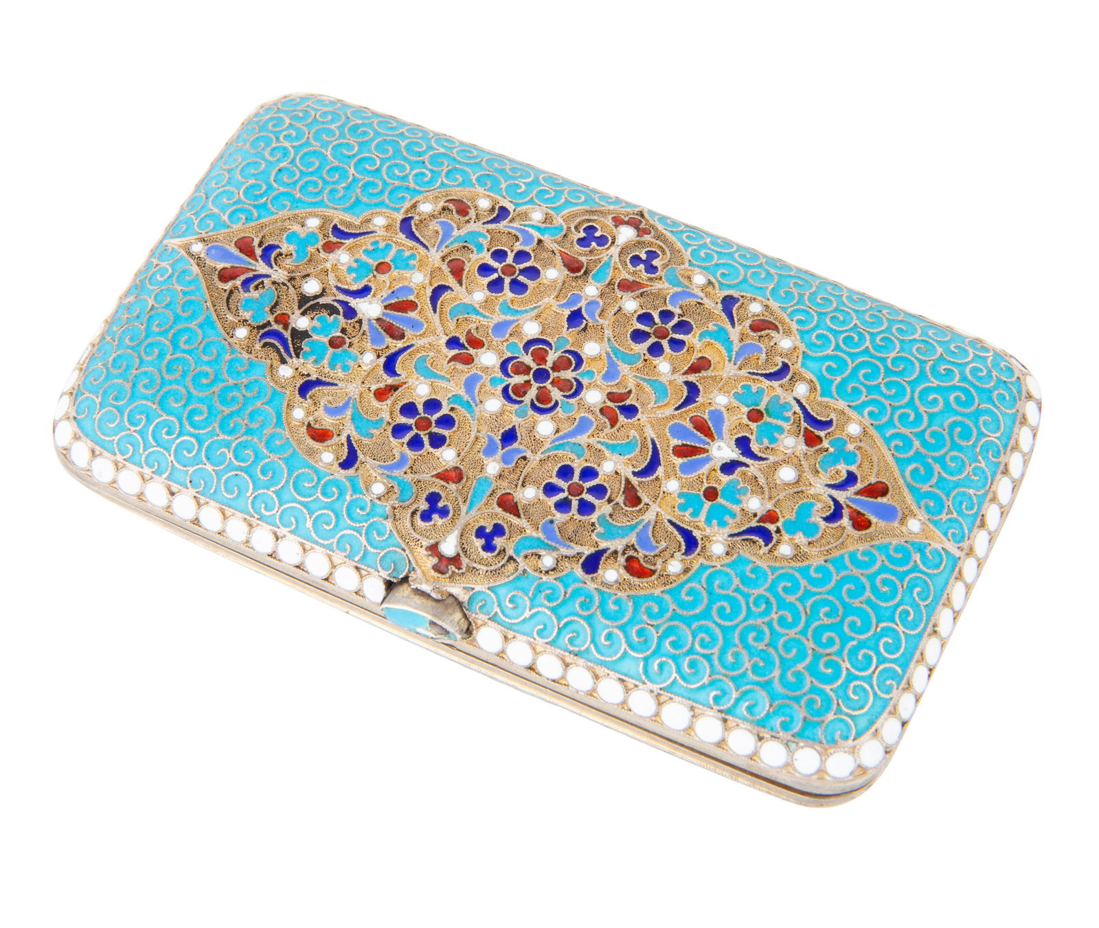 A RUSSIAN GILT SILVER AND CLOISONNE ENAMEL CIGARETTE (1 of 2)