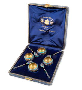 A SET OF FOUR RUSSIAN SILVER, ENAMEL AND CLOISONNE