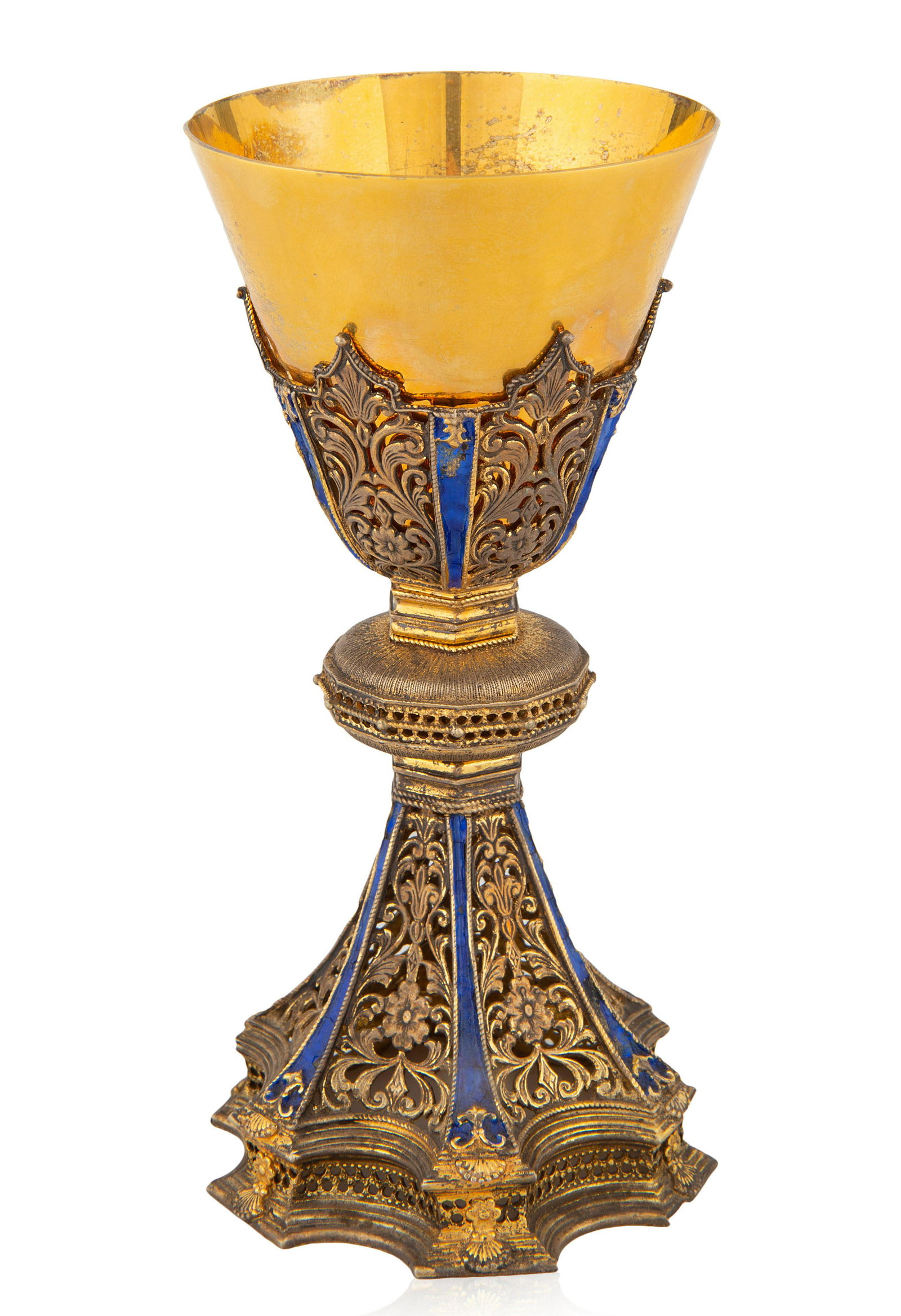A METAL AND ENAMEL CHALICE, CIRCA 20TH CENTURY: A METAL AND ENAMEL CHALICE, CIRCA 20TH CENTURY of chalice form, with foliate scroll detailing alternating with panels of blue enamel, signed Yury underneath foot; overall height: 16 cm (6 1/4 in.) CON