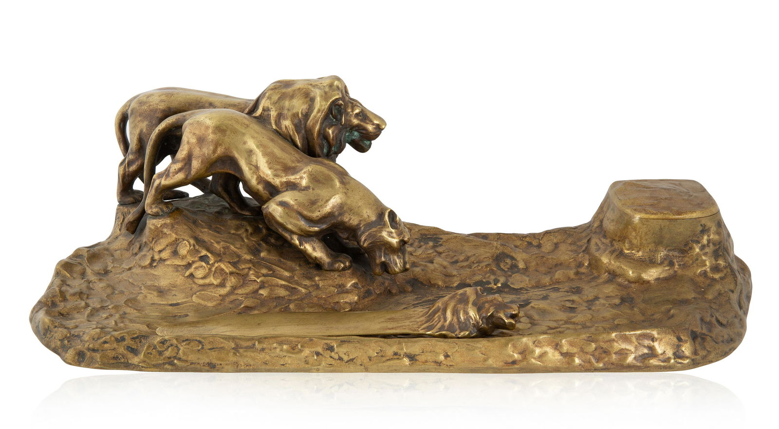 A BRONZE INKWELL AND LETTER OPENER BY FRIEDRICH GORNIK: A BRONZE INKWELL AND LETTER OPENER BY FRIEDRICH GORNIK (AUSTRIAN 1877-1943), 1895-1925 the inkwell formed as a lion and lioness walking next to one another on a rocky terrain, accompanied by a confor