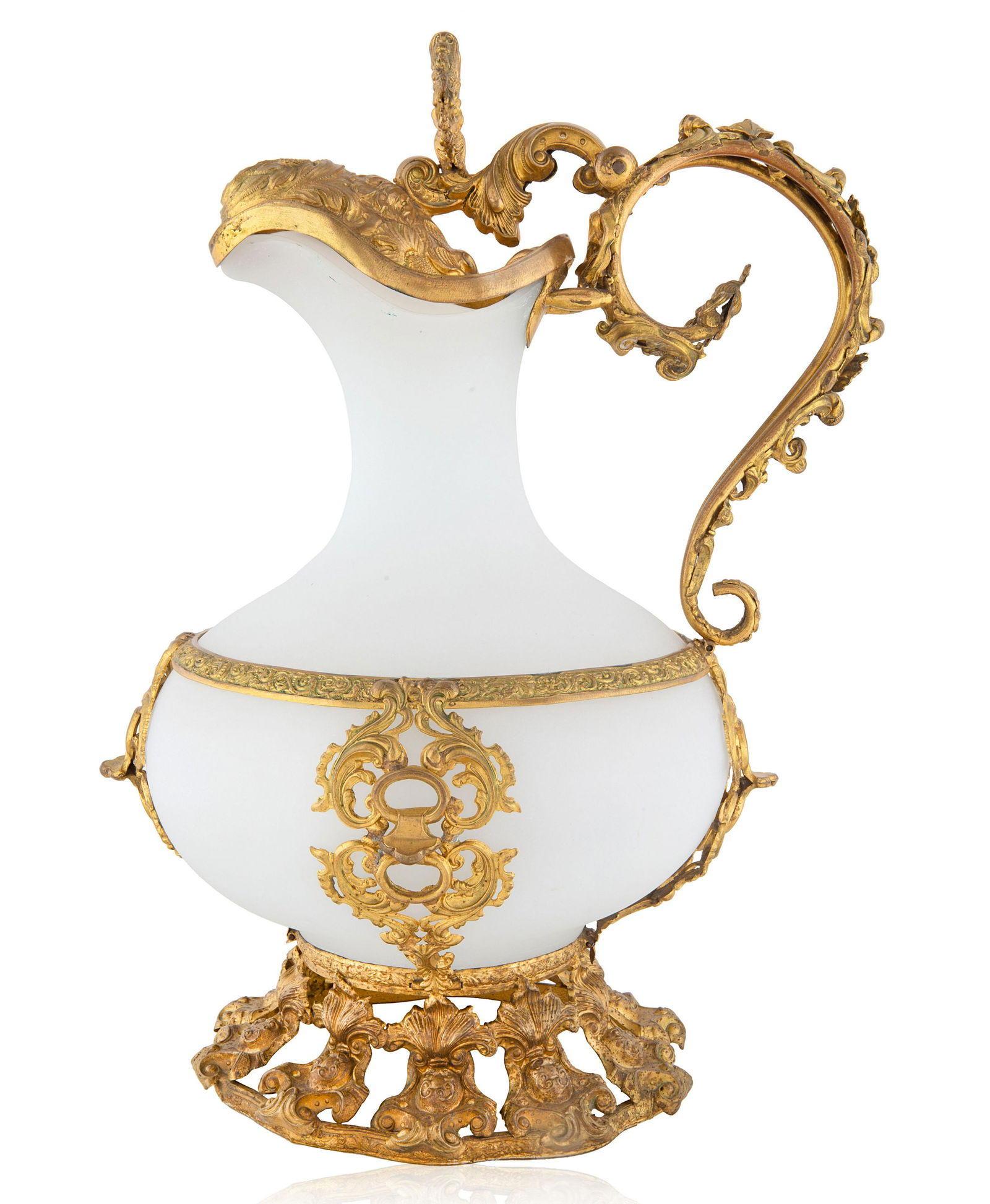 A LARGE FROSTED GLASS PITCHER WITH BRASS DETAILING, (1 of 2)