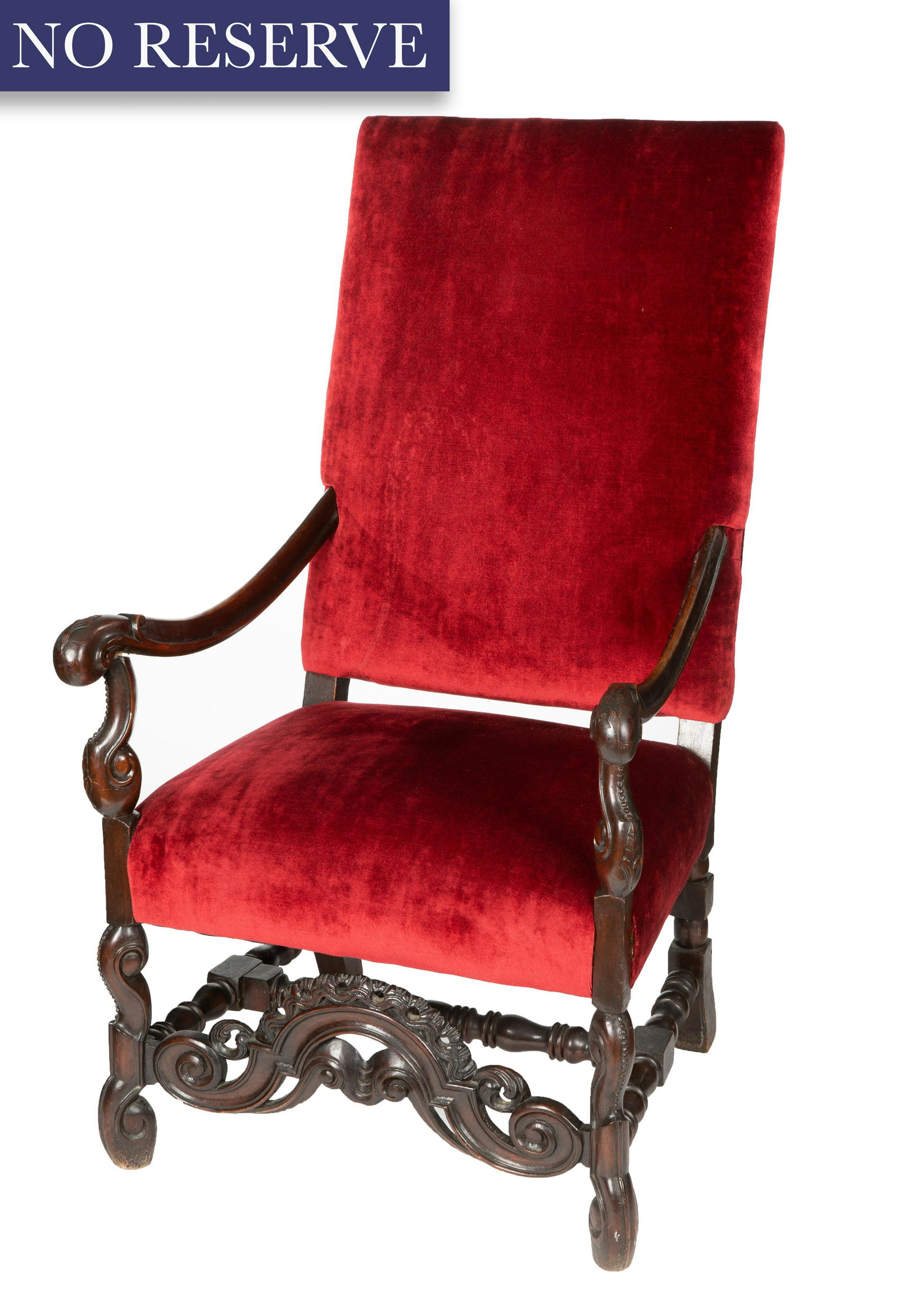 [ROERICH] A CHAIR IN FRANCO-FLEMISH STYLE, 19TH CENTURY: A SQUARE-BACK CHAIR IN FRANCO-FLEMISH STYLE, 19TH CENTURY the chair with dark brown wood, with red velvet upholstery, the crest rail, apron and arms carved in a double scroll, the stretcher and legs c