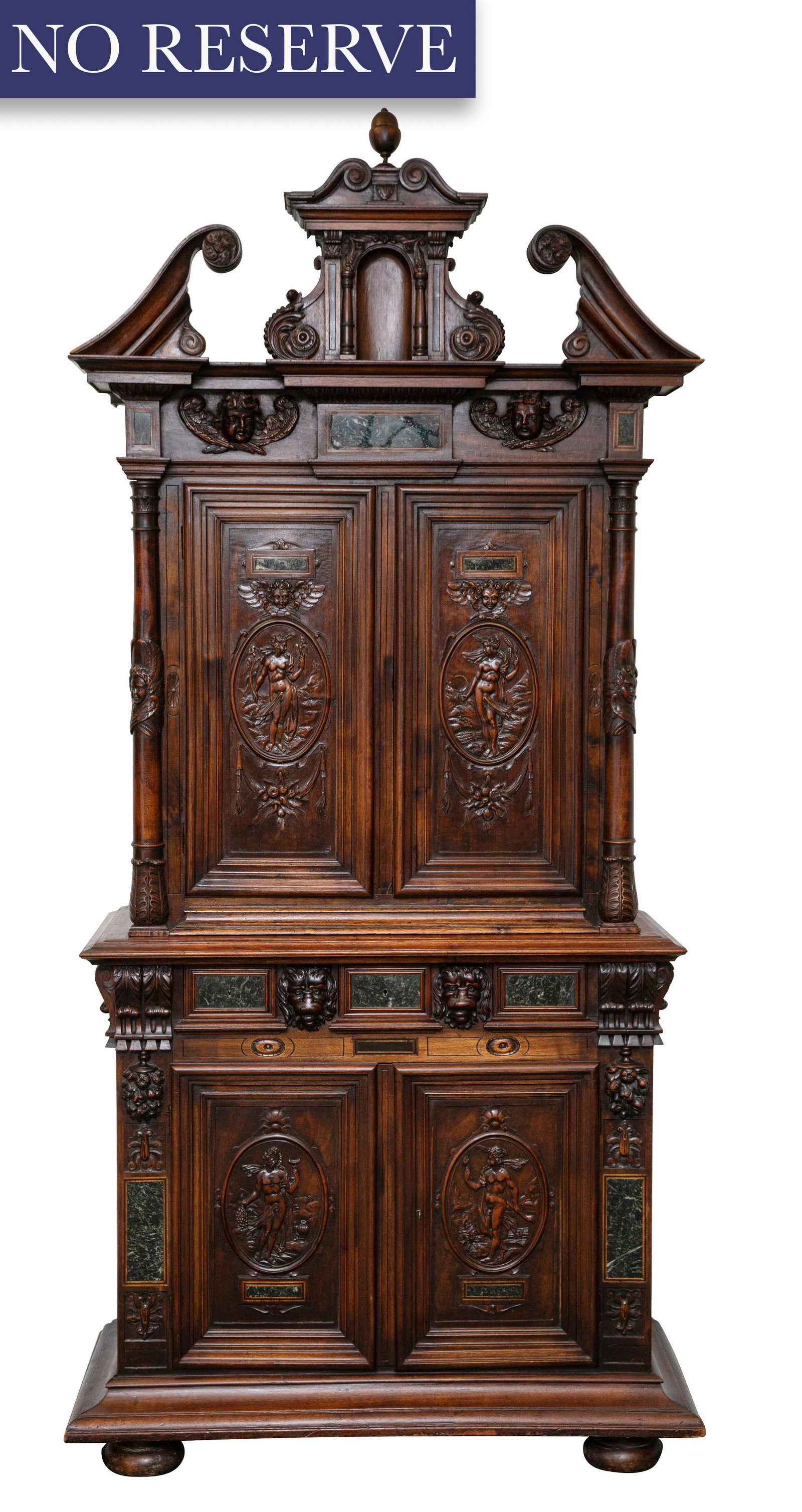 A FRENCH STAINED-OAK RENAISSANCE-REVIVAL FIGURAL CARVED: A FRENCH STAINED-OAK RENAISSANCE-REVIVAL FIGURAL CARVED STEP-BACK WALL CABINET, LATE 18TH CENTURY late 18th century french stained oak renaissance revival figural carved step-back wall cabinet. dark w