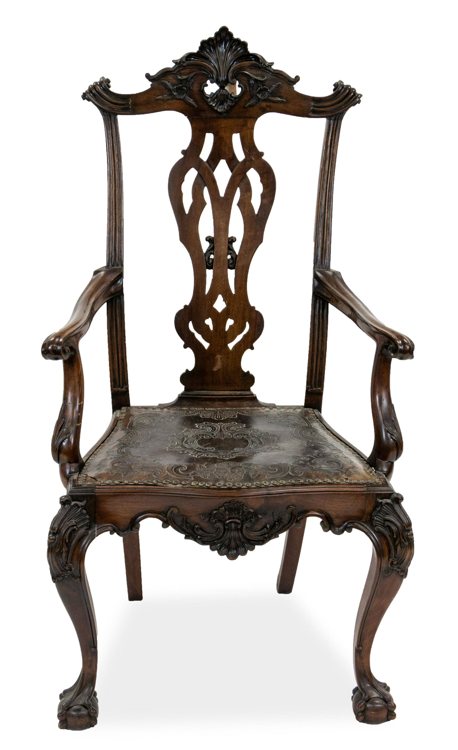 A RENAISSANCE REVIVAL MAHOGANY FAUTEUIL, LATE 19TH: A RENAISSANCE REVIVAL MAHOGANY FAUTEUIL, LATE 19TH CENTURY carved throughout with rocaille motifs, with openwork splat, the seat leather, supported by four feet, the front pair cabriole, modelled as w