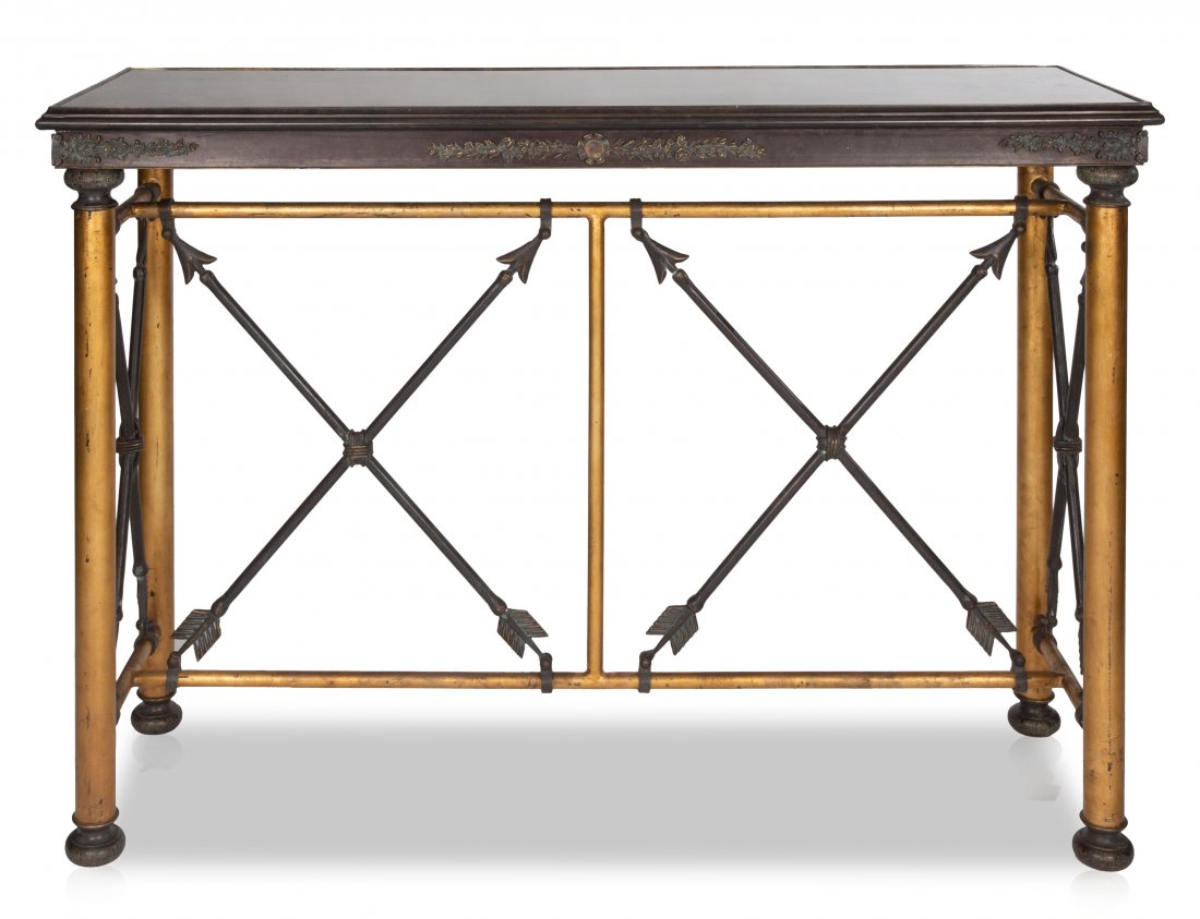 A METAL AND BRASS CONSOLE TABLE, EARLY 20TH CENTURY (1 of 2)