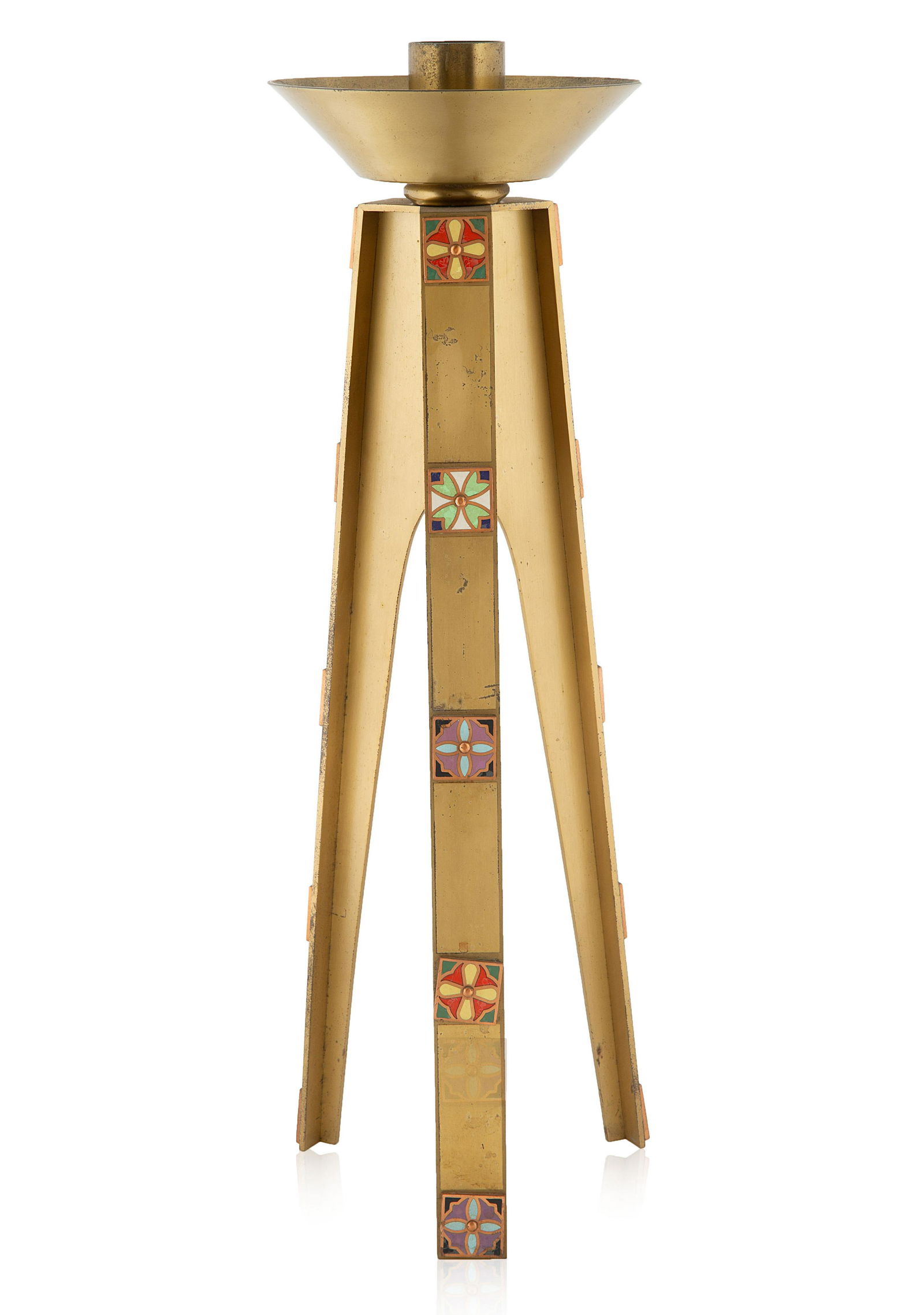 A BRASS ENAMEL TRIPOD CANDLE STAND, 20TH CENTURY (1 of 1)