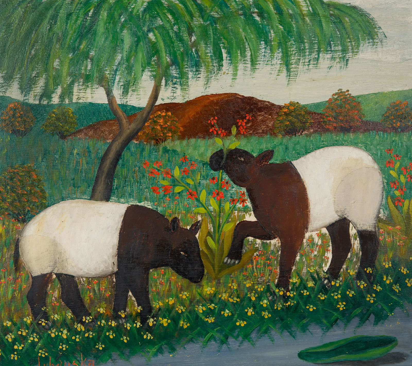 LAWRENCE LEBDUSKA (AMERICAN 1894-1966): LAWRENCE LEBDUSKA (AMERICAN 1894-1966) Two Tapirs Grazing oil on masonite 39 X 44 cm (15 3/8 x 17 3/8 in.) signed lower left CONDITION Observed in frame the painting appears in in good condition. Wit