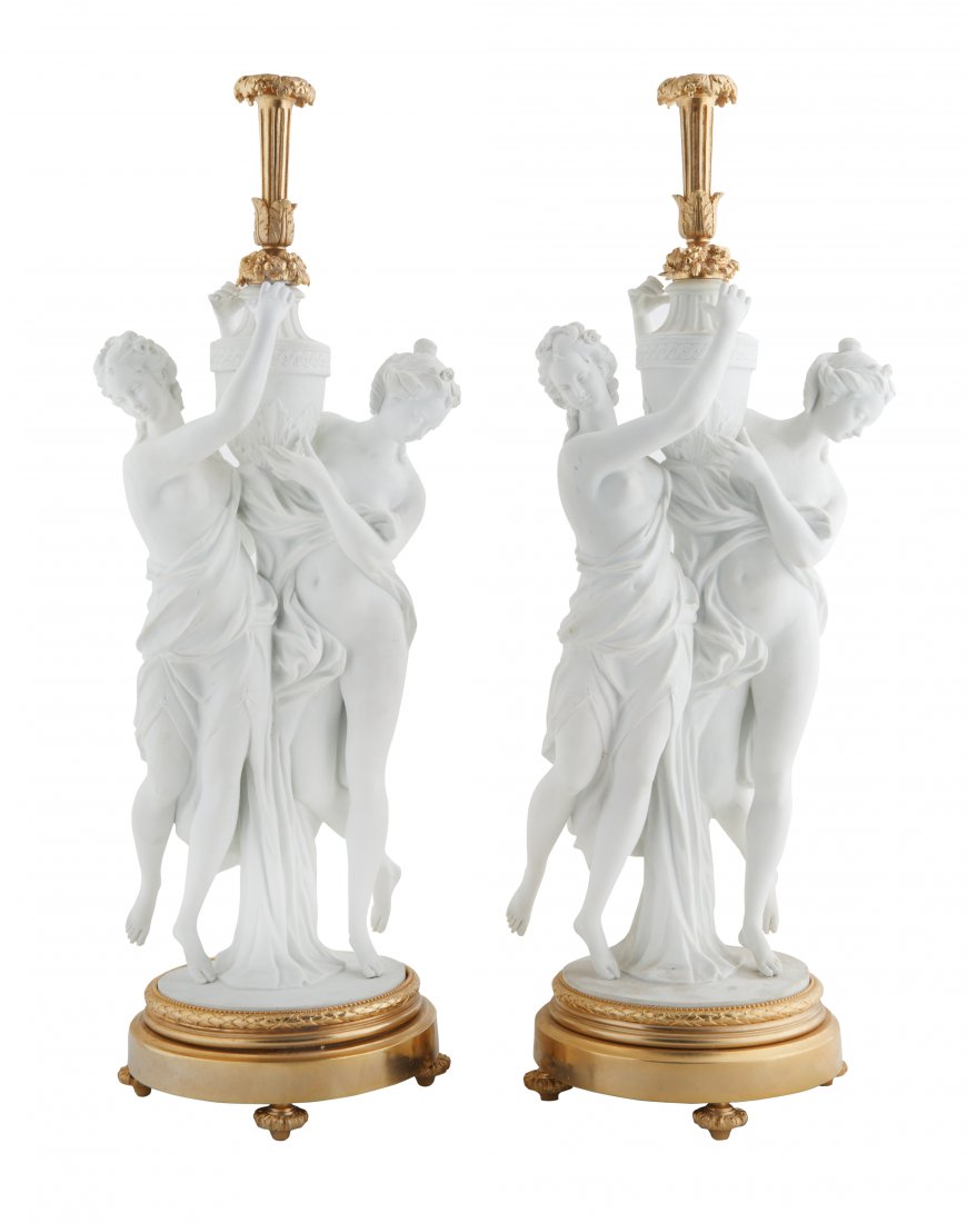 PAIR OF NEOCLASSICAL STYLE BISQUE CERAMIC MAIDEN LAMPS (1 of 3)